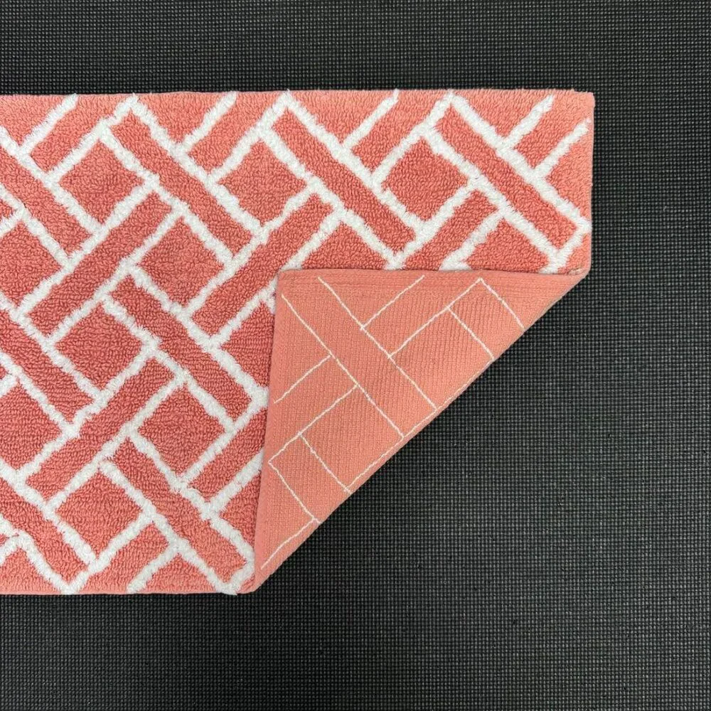 Ralph Lauren 21 x 34 Coral Orange White Bath Mat Rug Geometric Striped Cotton